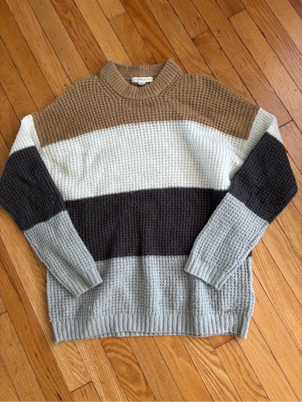 Aeropostale Striped Crewneck Sweater - Brown, White, Dark Gray, Light Gray